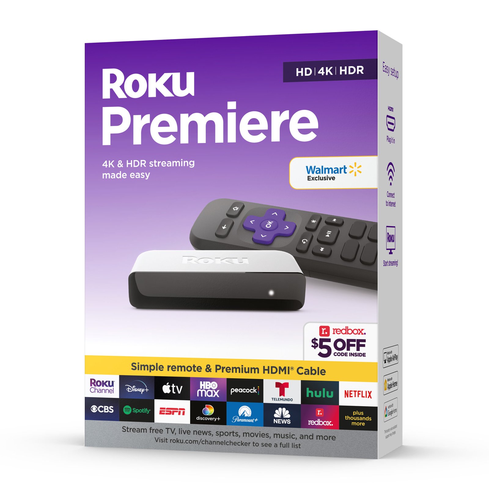Roku Premiere | 4K/HDR Streaming Media Player Wi-Fi® Enabled with Premium High Speed HDMI® Cable and Standard Remote